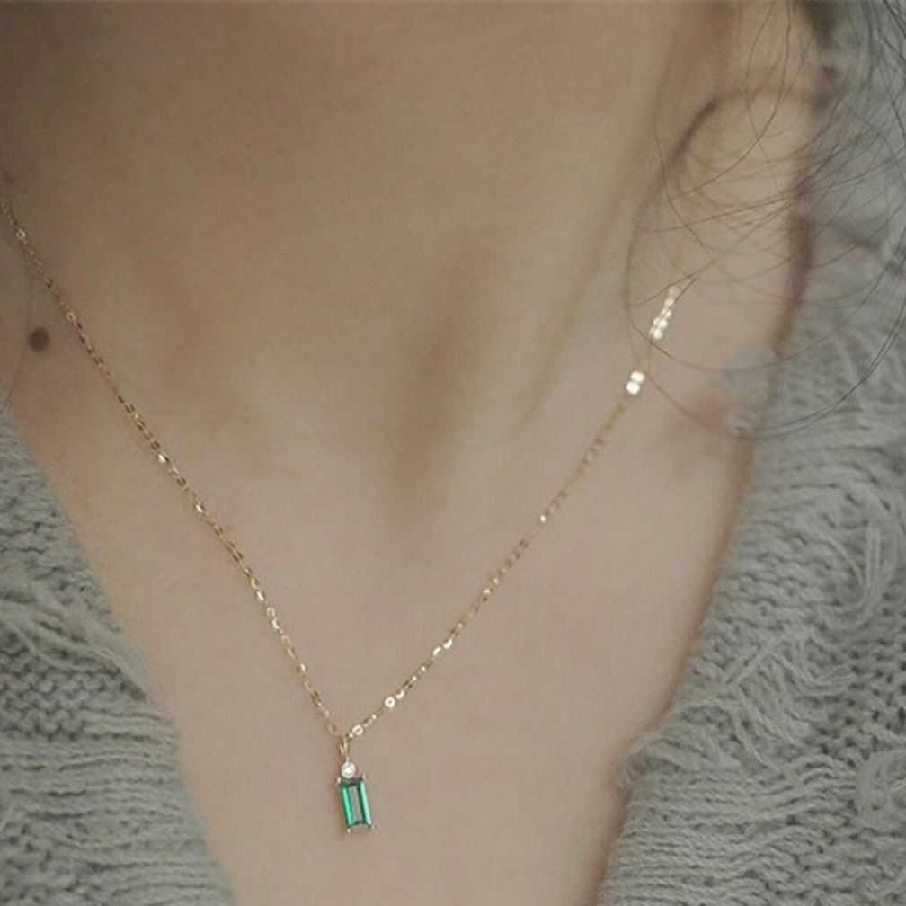 "Green Crystal Pendant Necklace 14k Gold Plated" "925 Sterling Silver Clavicle Chain" "Elegant Necklace for Women" "Fashionable Square Crystal Pendant" "Stylish Statement Necklace Dainty Design"