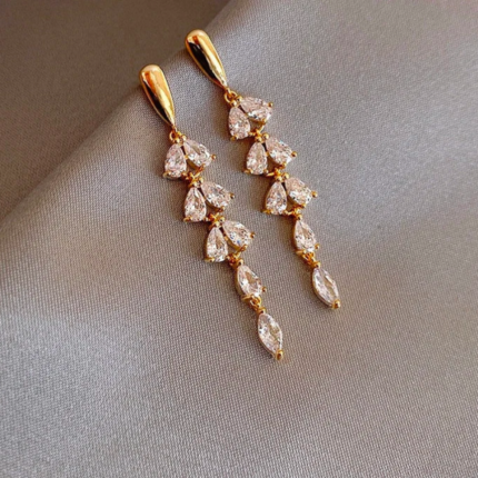 Zircon Tassel Leaf Shape Gold Color Earrings, Wedding and Party Jewelry for Ladies