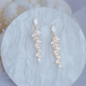 "18K Real Gold Leaves Earrings" "Elegant Bridesmaids Jewelry" "Cubic Zirconia Bridal Accessories" "Luxury Gold Earrings Dainty Design" "Fashionable Timeless Statement Earrings"
