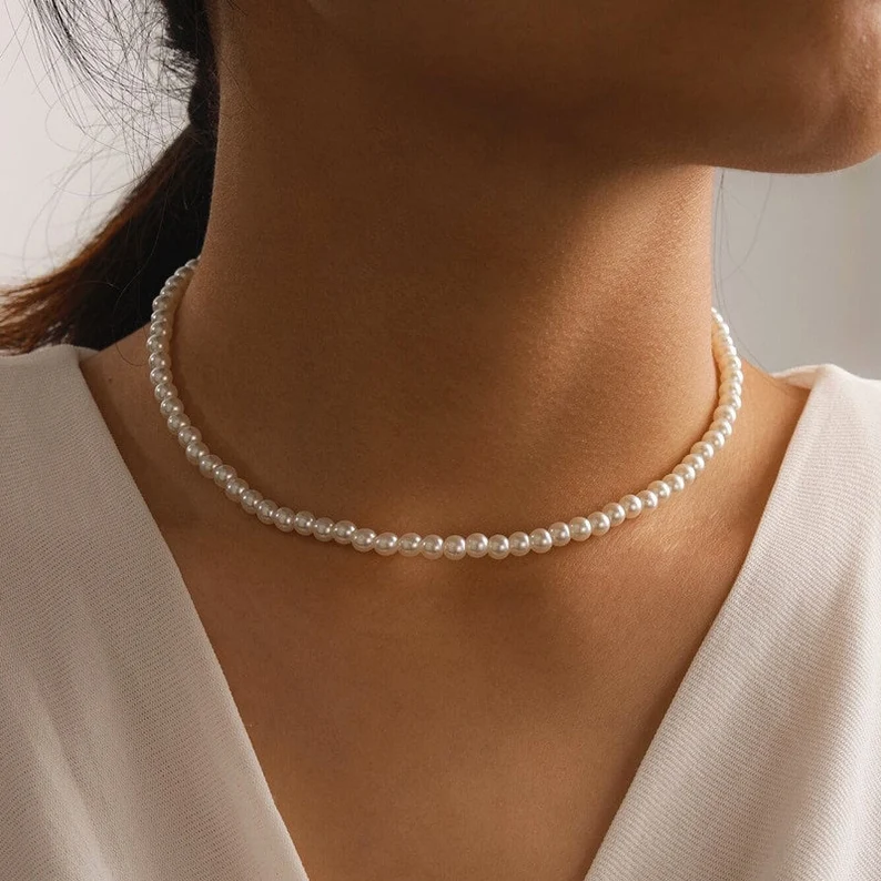 Elegant Pearl Necklace, White Beads Choker Chain, Women's Wedding Jewelry, Everyday Wear Accessory