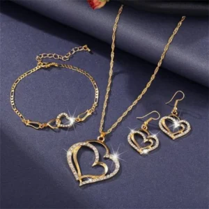 "Gold and Silver Jewelry Set" "Double Heart Necklace, Earrings, and Bracelet" "Perfect Mother's Day Gift Set" "Handcrafted Dainty Heart Jewelry" "Trendy Gold and Silver Accessories"
