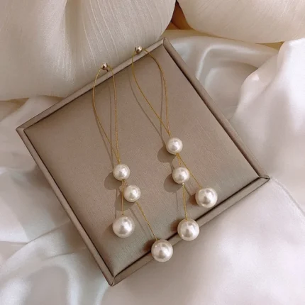 Stunning Faux Pearl Bridesmaid Long Drop Earrings, Long Tassel Earrings, Gold Color Chain Thread Drop Earrings Bridal