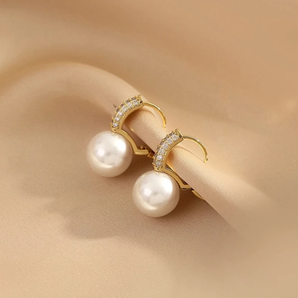 14K Gold Pearl Plated Hoop Earrings, AAA Cubic Zirconia, Bridesmaids & Wedding Gift.