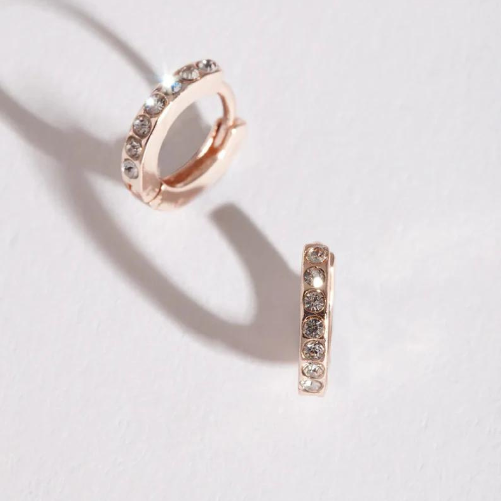 Elegant Rose Gold Diamante Huggie Hoop Earrings Stylish Patterned Hoops Versatile Accessory for Earring Stacks