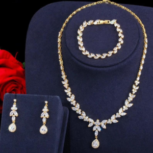 Bridal Gold Plated Jewelry Set Elegant Cubic Zirconia Necklace, Earrings, and Bracelet Wedding Jewelry Ensemble Sparkling Bridal Accessories Gold Wedding Jewelry Set