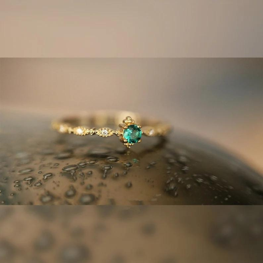 Dainty 14k Gold Emerald Ring Elegant Wedding Jewelry Accessories Gold Emerald Wedding Band Minimalist Bridal Accessories Delicate Emerald Wedding Ring