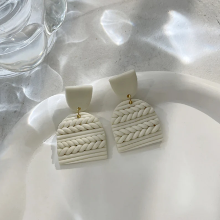 White Polymer Clay Braided Earrings, Summer Collection, Handcrafted Statement Earrings.