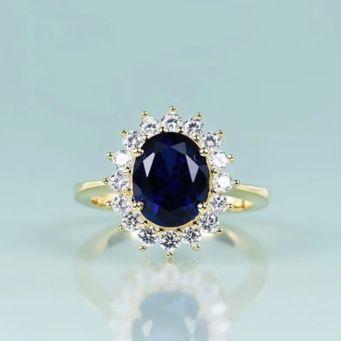 Close-up of the blue sapphire gemstone on Princess Diana Inspired Ring.