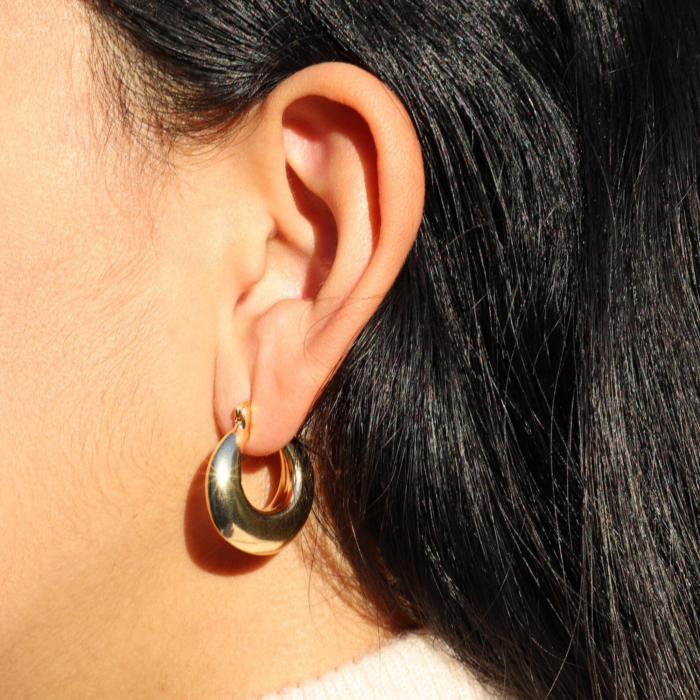 Model wearing French Retro Gold Plated Chunky Hoop Earrings