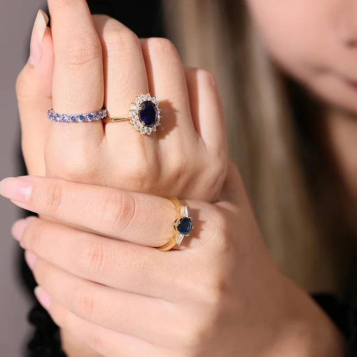 Princess Diana Inspired Blue Sapphire Ring in a gift box, perfect for weddings or anniversaries.